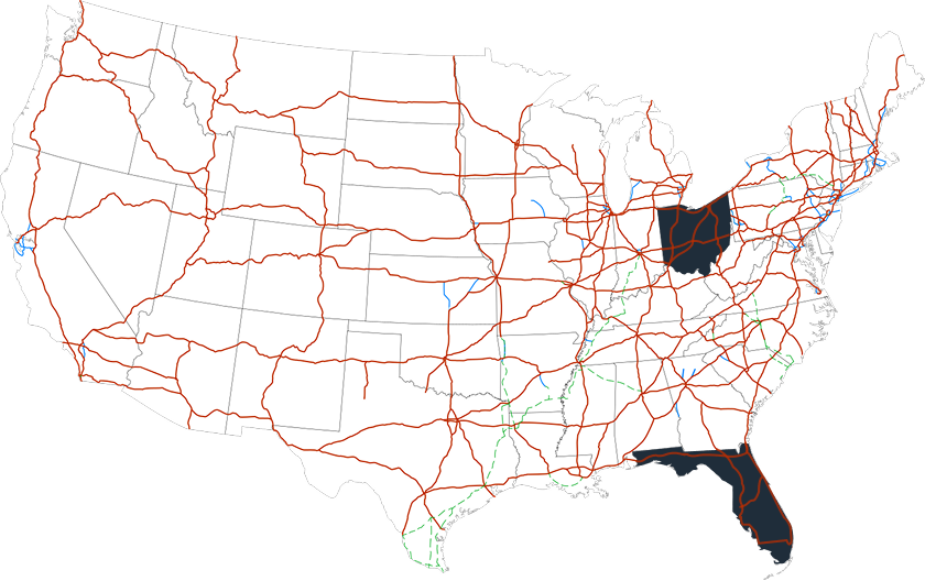 Map of the United States showing major highway and transportation routes across the country
