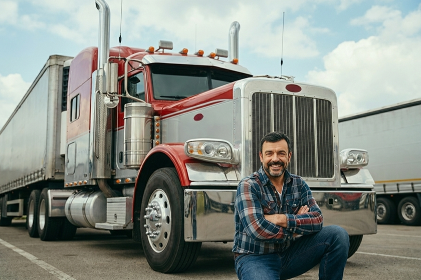 Truck driver smiling while sitting next to a red semi truck