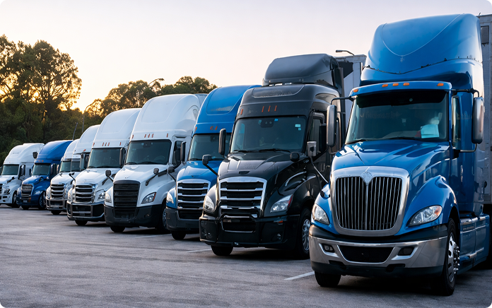 Line of modern semi trucks parked at a logistics terminal, representing a commercial trucking flee
